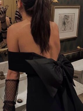 Symphony Off-Shoulder Black Evening Gown with Bow